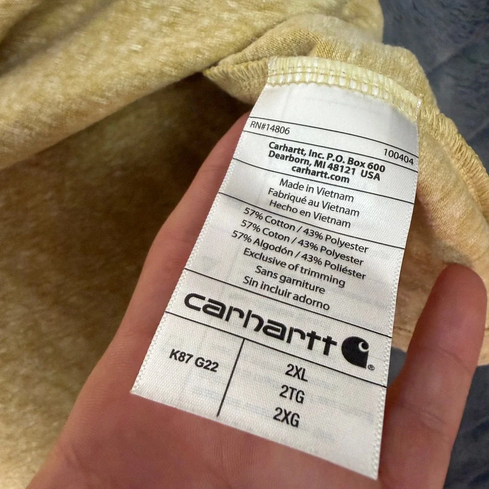 Carhartt Pocket T-Shirt Mens 2XL Yellow Heather Original Fit K87 Heavyweight Tee - Picture 6 of 8